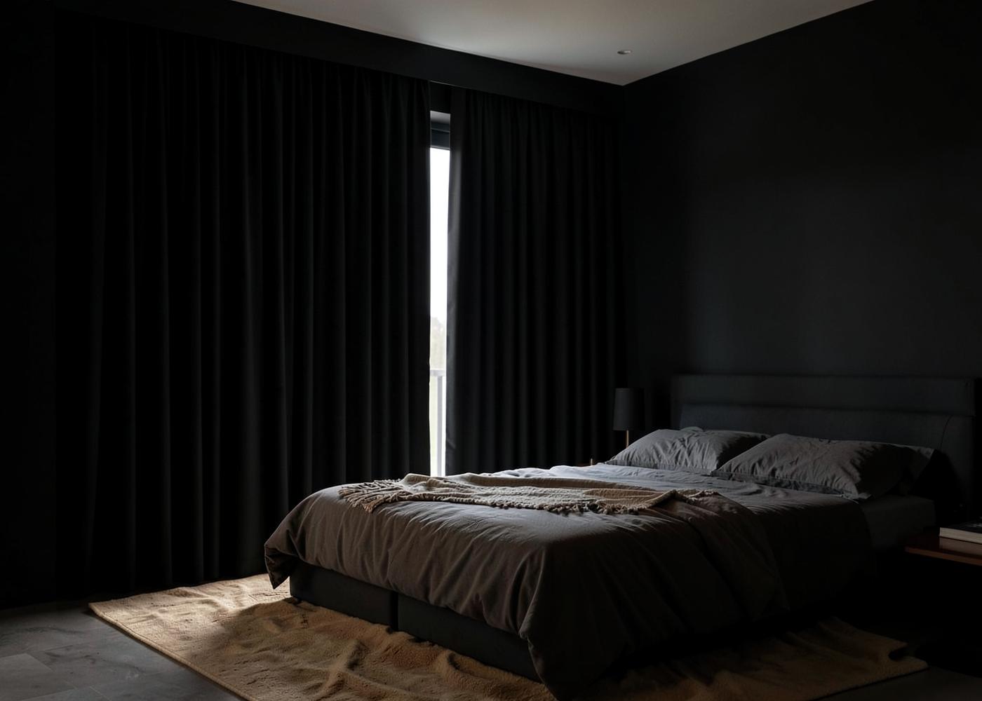 Blackout curtains in a dark bedroom