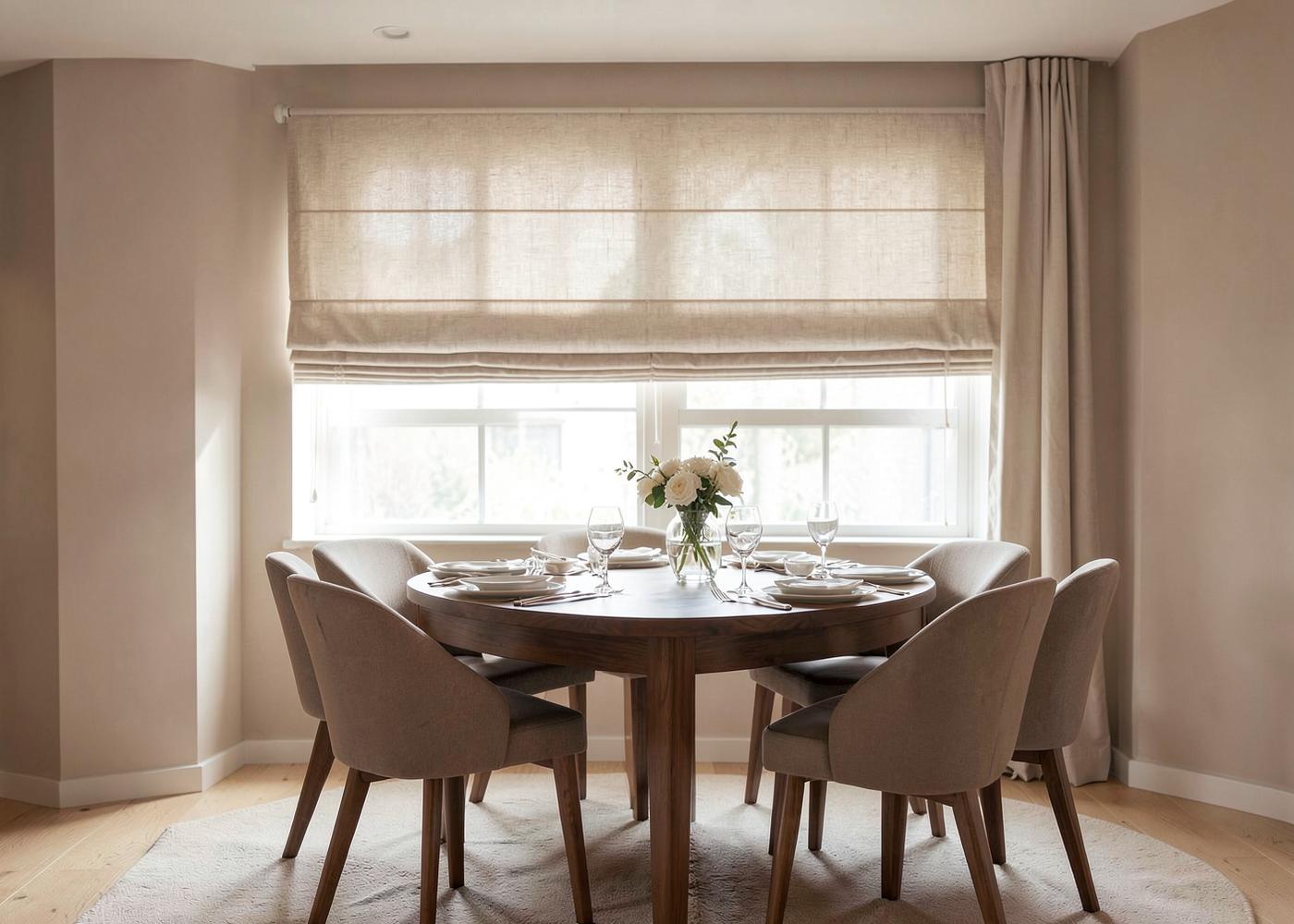 Beige roman blinds above a dining table in Dammam